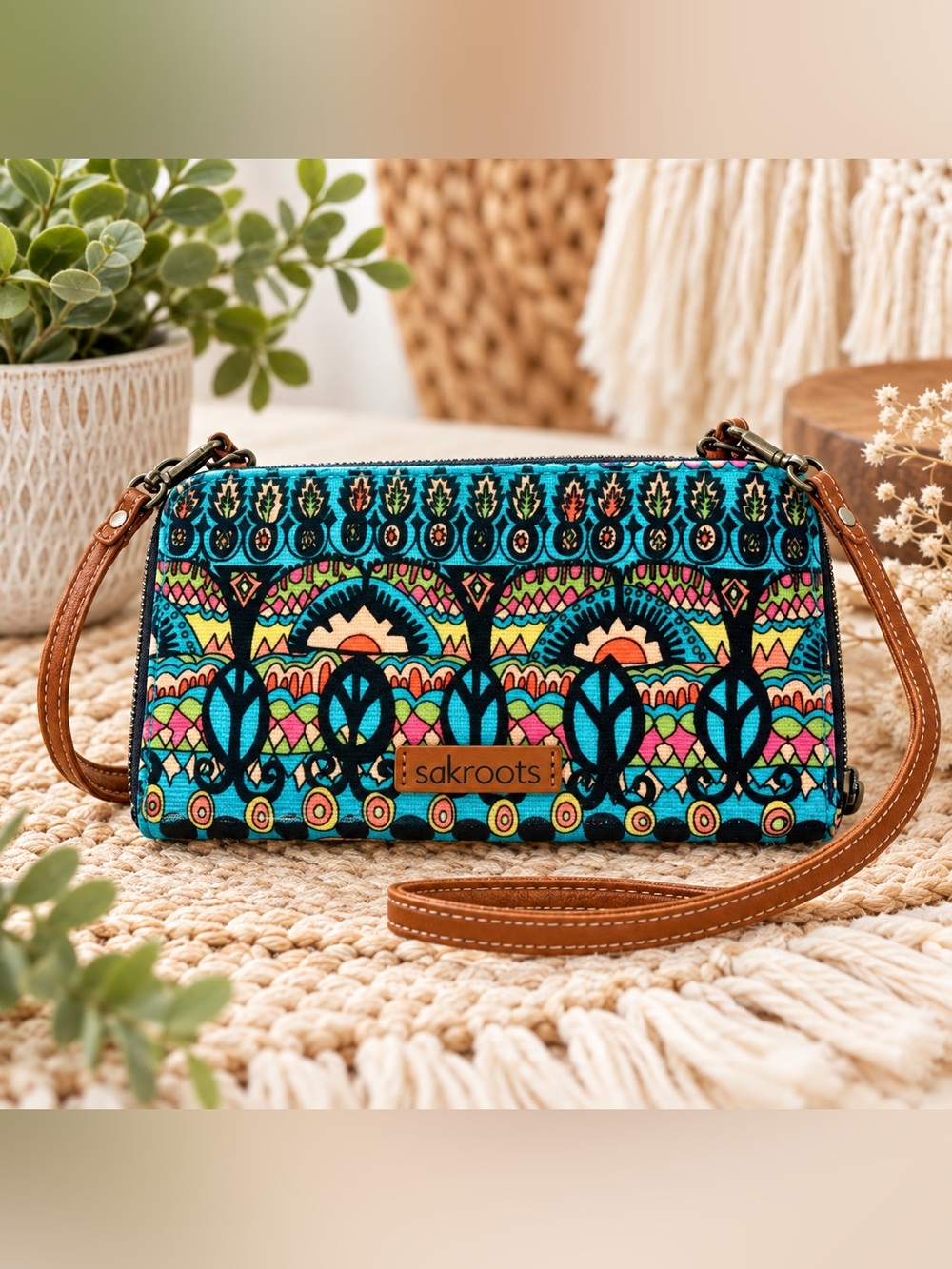 Sakroots Cell Phone Crossbody Wallet Bag Boho Elephant